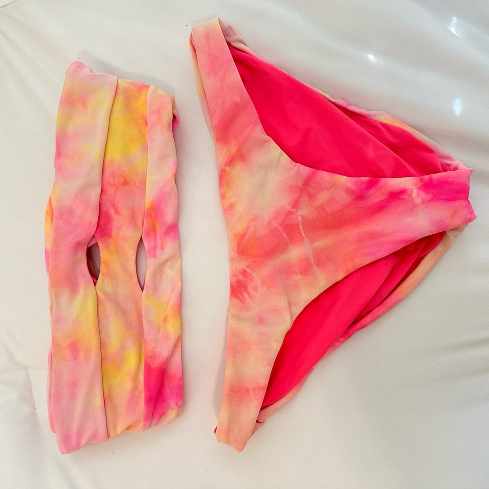 Pilyq Pink and Yellow Strapless Tie-Dye Bikini Set